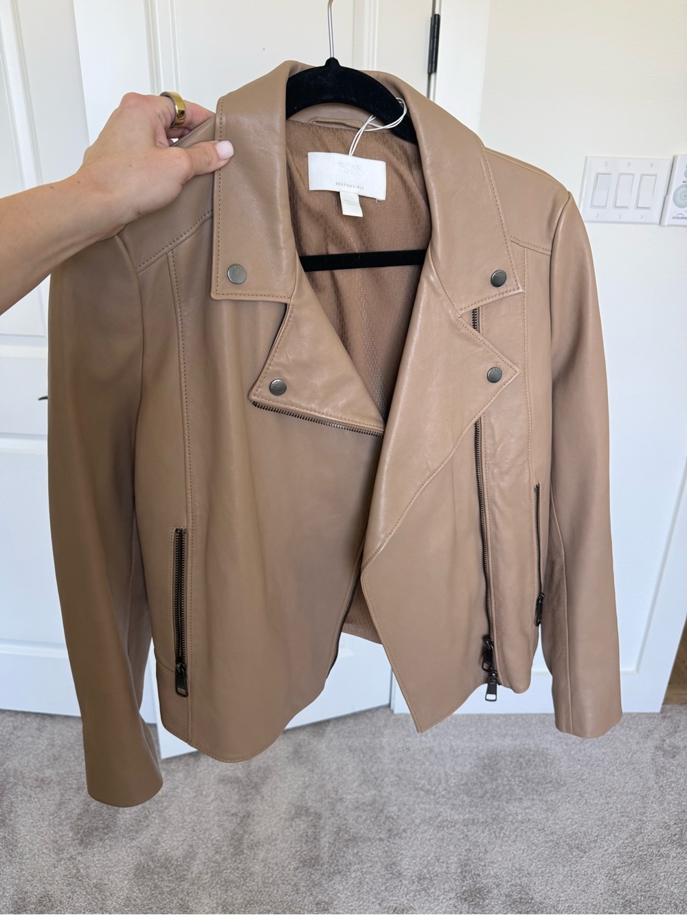 Women’s Taupe Leather Moto Jacket - BOSS